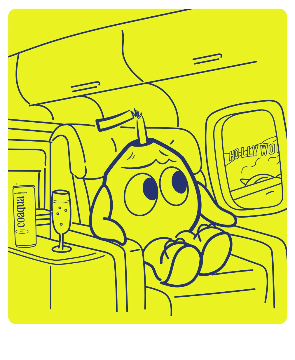 MeKoko flying first class with a Coaqua can and a glass of bubbly